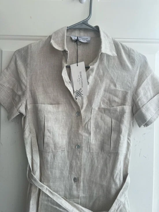 NWT Hiris Cotton Button-Front Short Sleeve Linen Midi Dress in Natural Beige - Picture 10 of 15